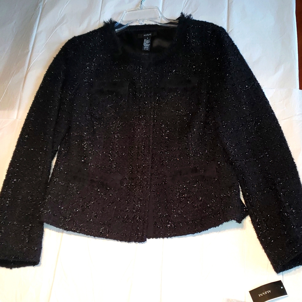 ALFANI New Jacket Blazer Topper Textured Tweed Wool Ribbon Trim Lurex BLACK NWT - Picture 3 of 17